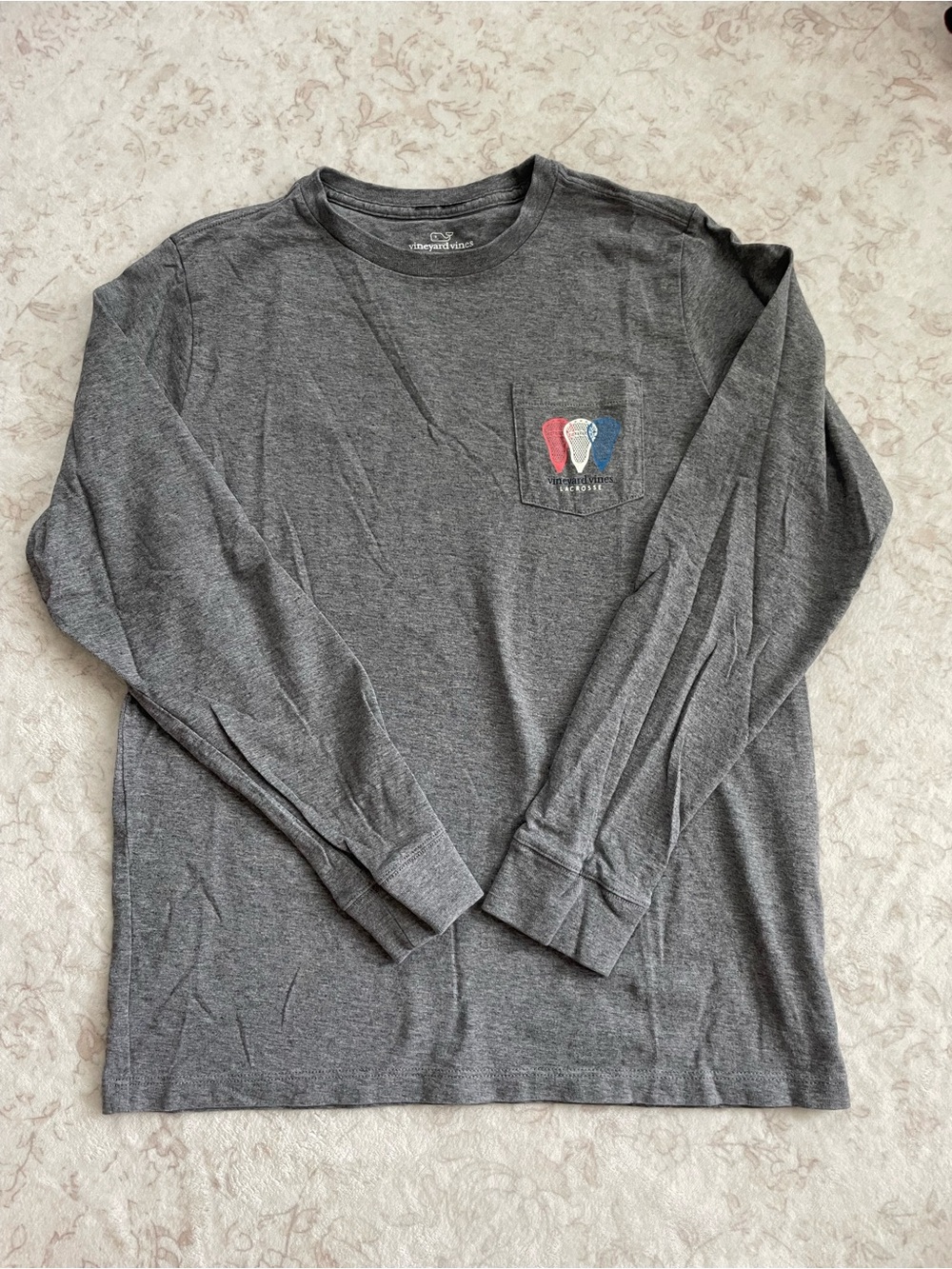 Vineyard Vines Gray Long Sleeve Pocket Tee with Lacrosse Logo
